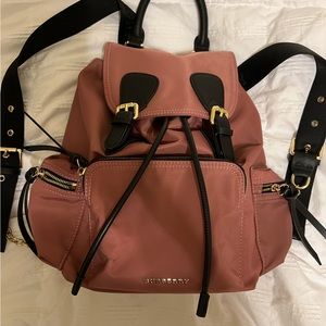 Pink nylon Backpack,Black strap, gold accents